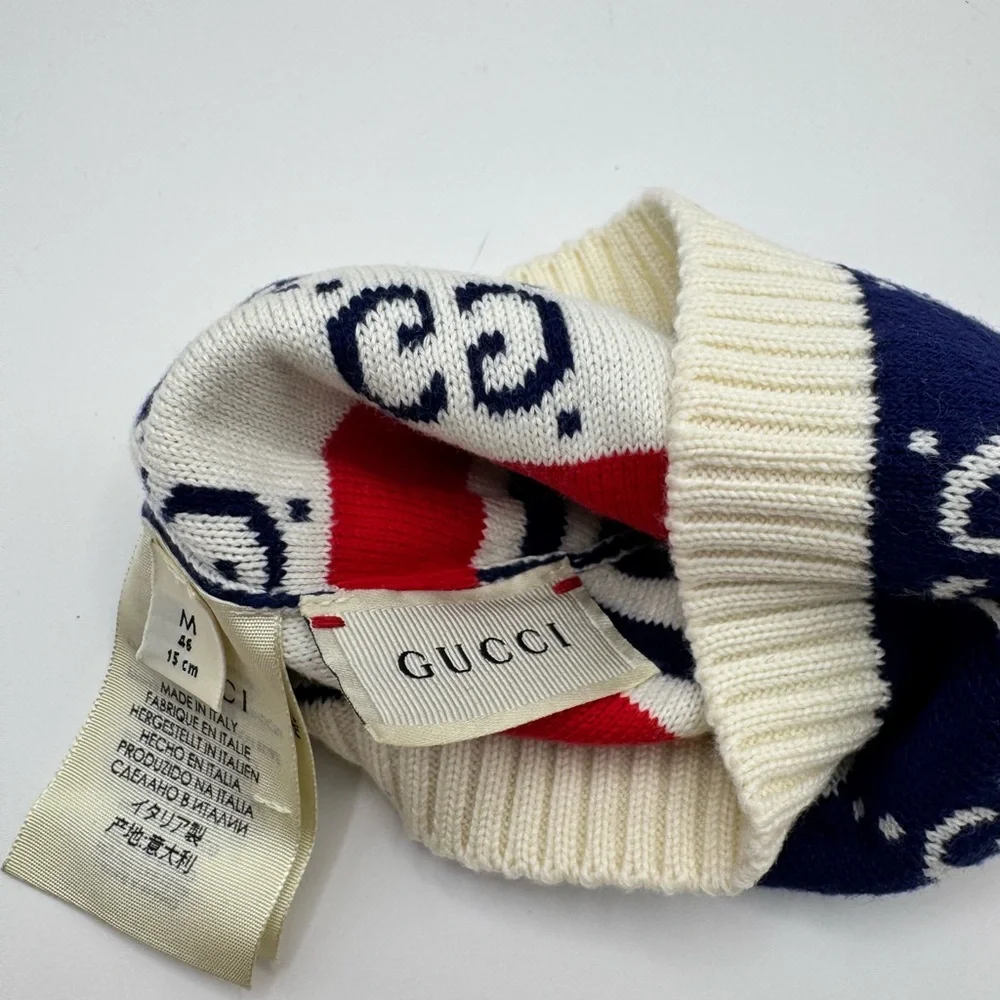 Gucci Cream Navy & Red GG Knit Beanie baby medium